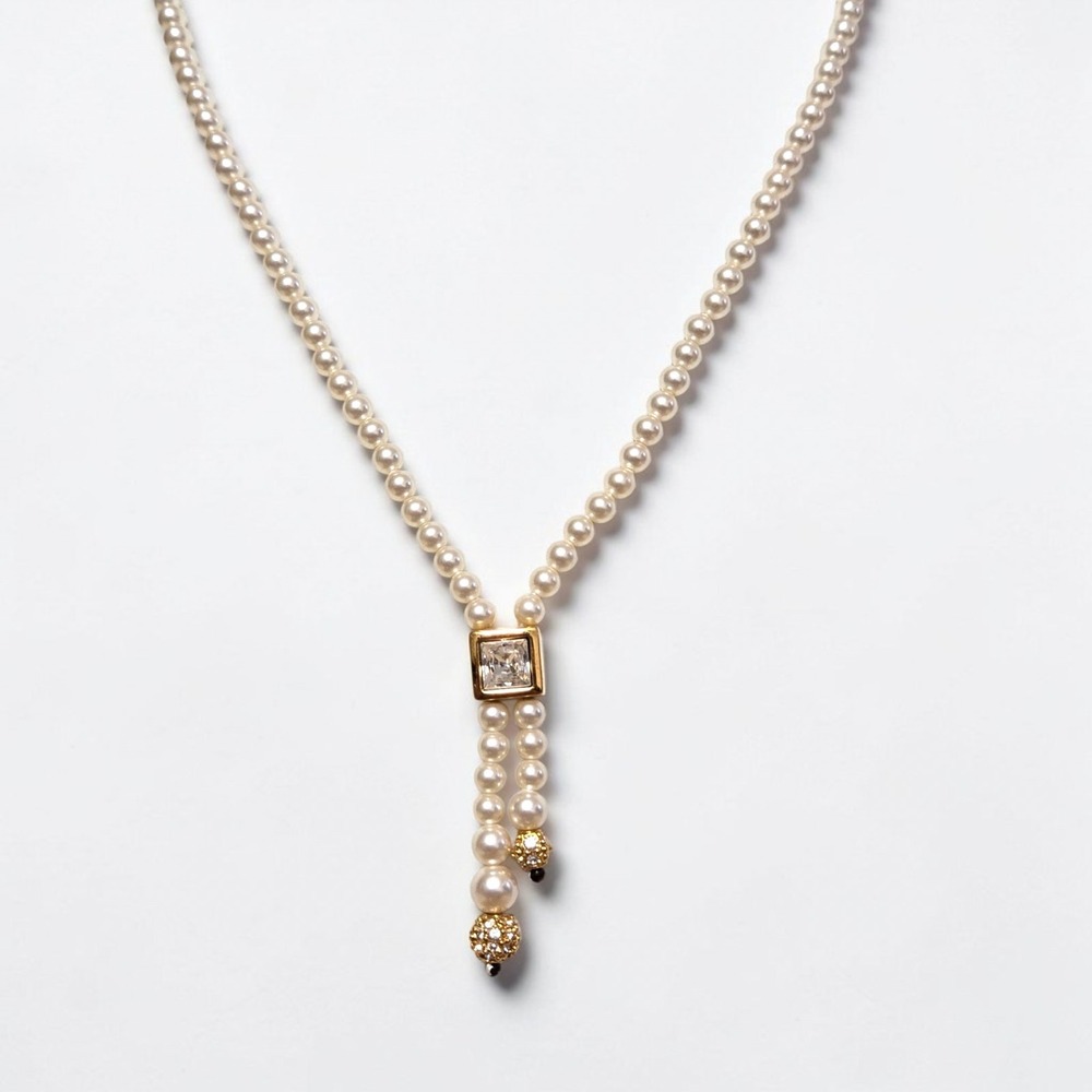 Swarovski Crystal Pearl Gold Plated Lariat Signed Necklace Vintage 80s Adjustabl